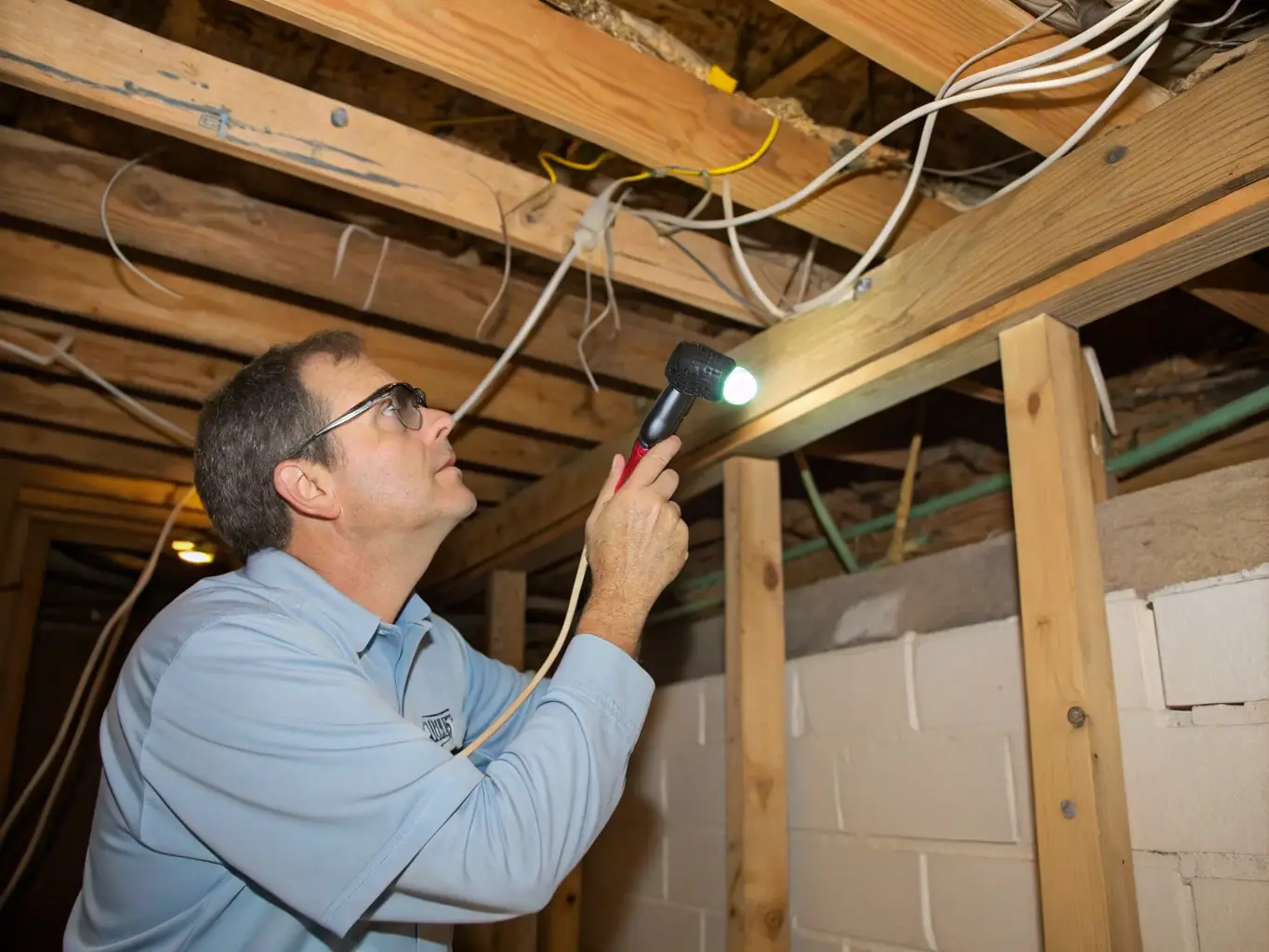 A high-resolution image depicting a technician inspecting a home for termite damage, using specialized equipment. The setting is a well-lit basement with visible wooden beams.