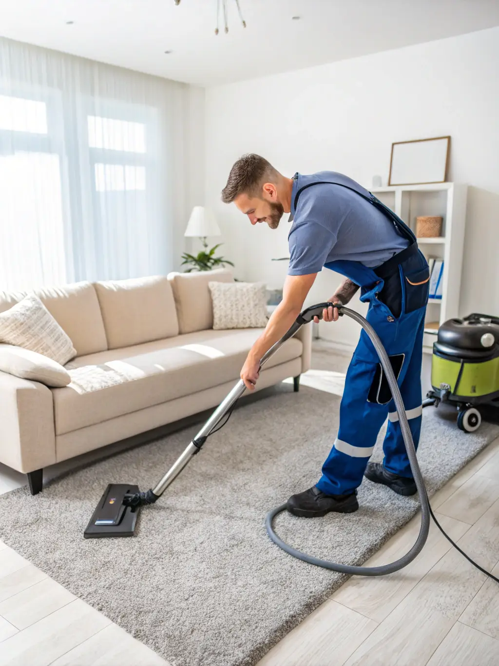 A Pestigo technician uses a specialized vacuum cleaner to remove bed bugs and their eggs from carpets, upholstery, and other surfaces in a home.