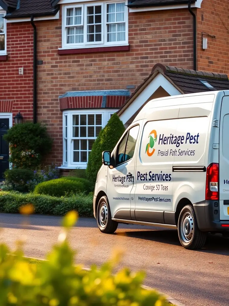 A photo of a Pestigo service vehicle parked in front of a residential home in Plano, TX, with a satisfied customer waving goodbye.