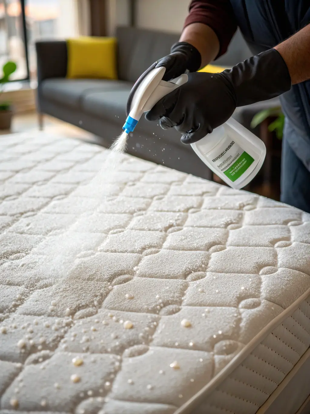 A Pestigo technician sprays a targeted insecticide treatment along the seams of a mattress and box spring to eliminate bed bugs and their eggs.
