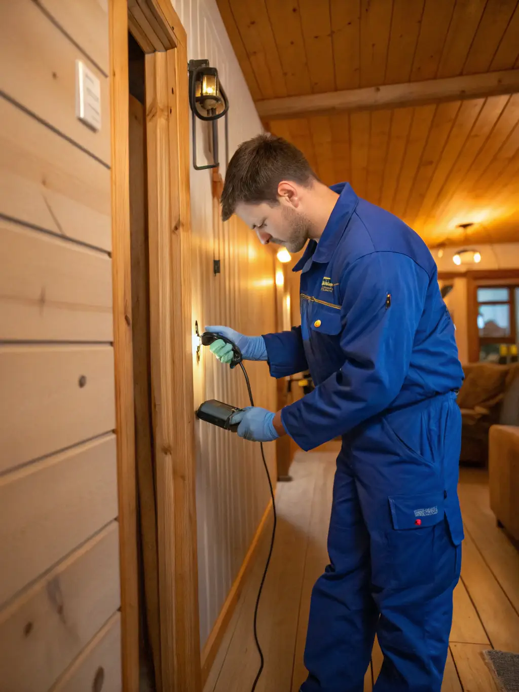 A Pestigo technician wearing protective gear carefully inspects a mattress for signs of bed bug infestation using a flashlight and magnifying glass in a dimly lit bedroom.